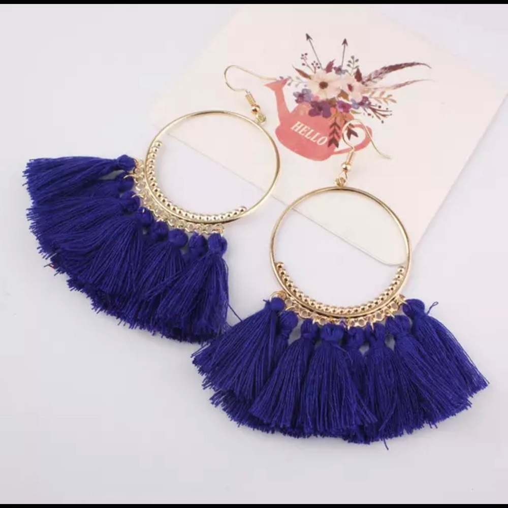 Boho Tassel Hoop Earrings Gold and Blue Navy